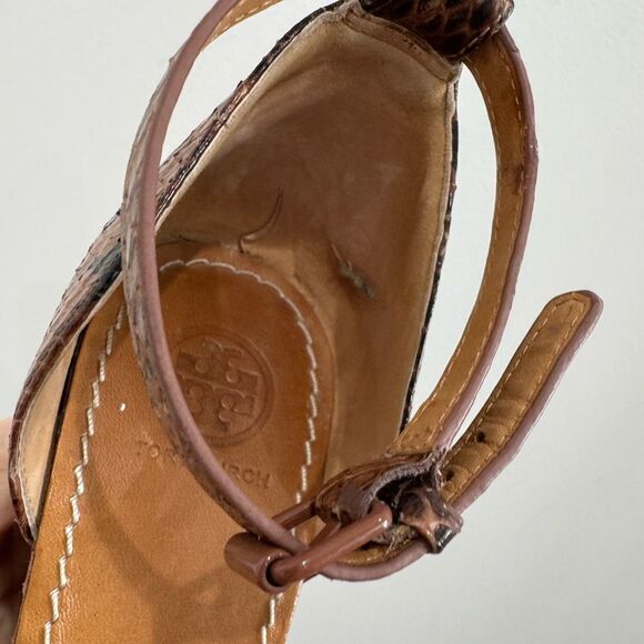 TORY BURCH Brown Leather and Python Platform Wedge Ankle Strap Sandals - Picture 9 of 11